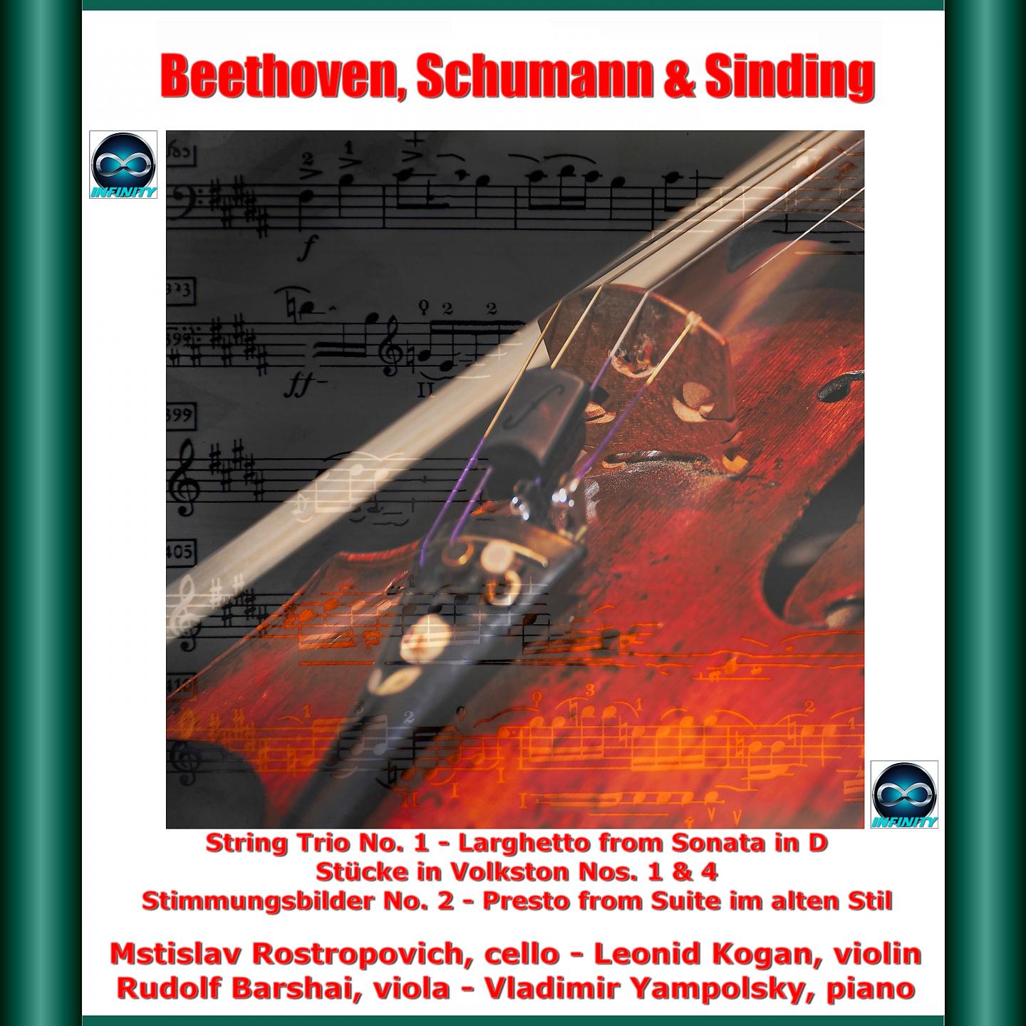 Постер альбома Beethoven, schumann & sinding: string trio no. 1 - larghetto from sonata in D - stücke in volkston nos. 1 & 4 - stimmungsbilder no. 2 - presto from suite im alten stil